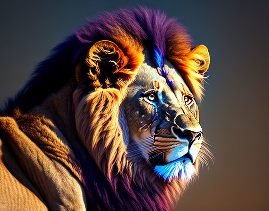 Colorful Lion Artwork Featuring Purple, Gold, and Blue Mane