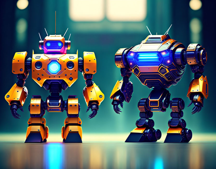 Stylized colorful robots with glowing blue elements on blurred background