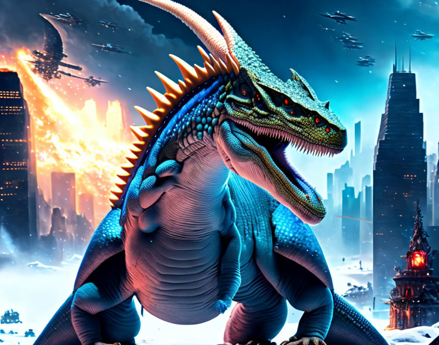 Blue dragon with orange eyes and spikes in front of futuristic city with towering skyscrapers under dark,