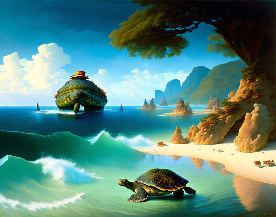 Surreal landscape featuring giant and small turtles on beach with floating island shell.