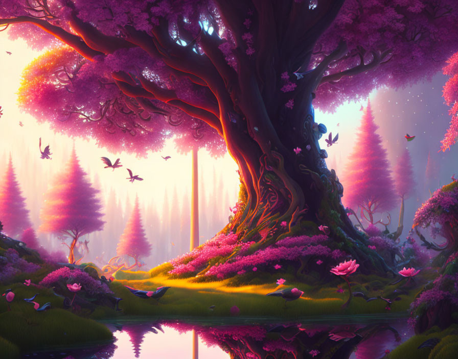 Majestic pink tree in vibrant fantasy landscape