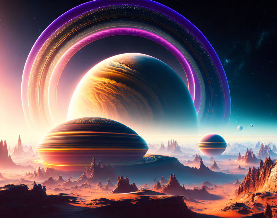 Vibrant ringed planets over rocky alien terrain in colorful sky