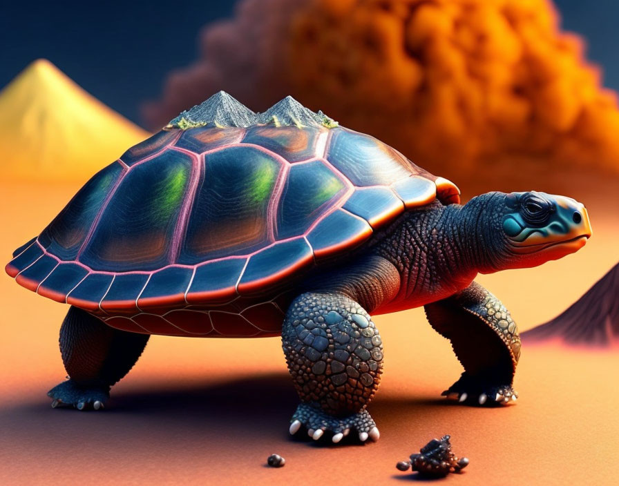 Digital art: Turtle with reflective shell in desert with mountains and orange cloud