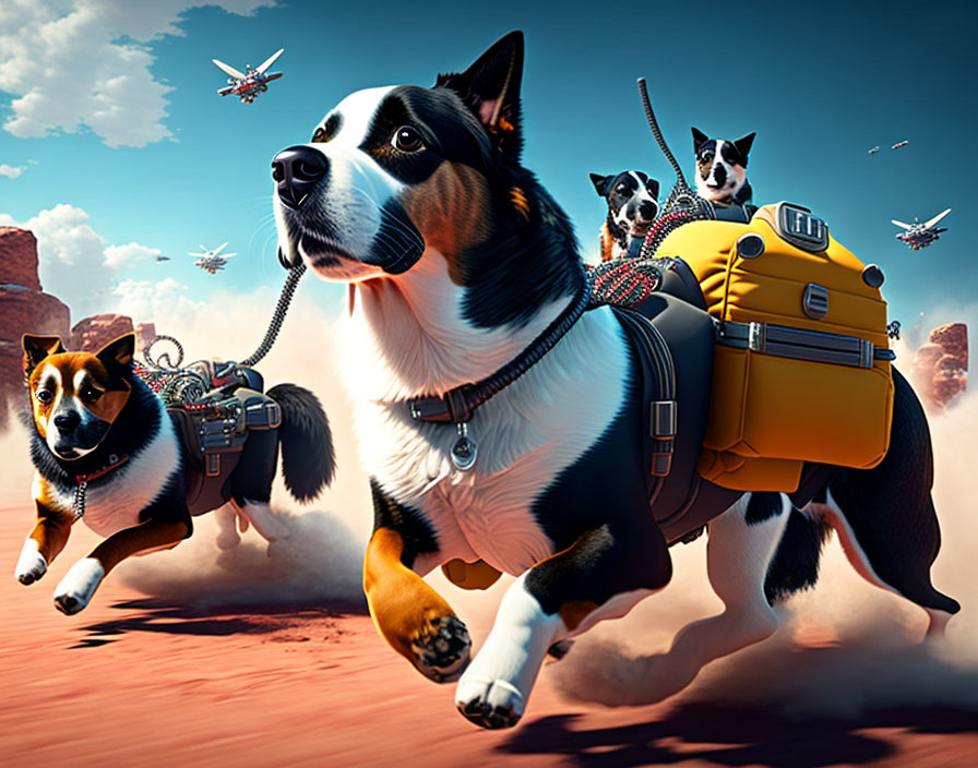 Animated dogs in futuristic gear journey through desert with flying planes