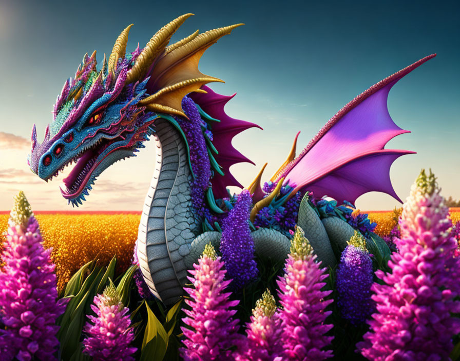 Vibrant dragon with blue scales and gold accents in purple flower sunset scene