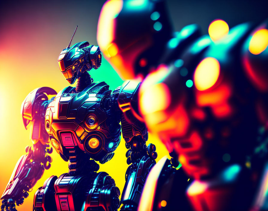 Detailed humanoid robots in vibrant neon colors, one in contemplation.