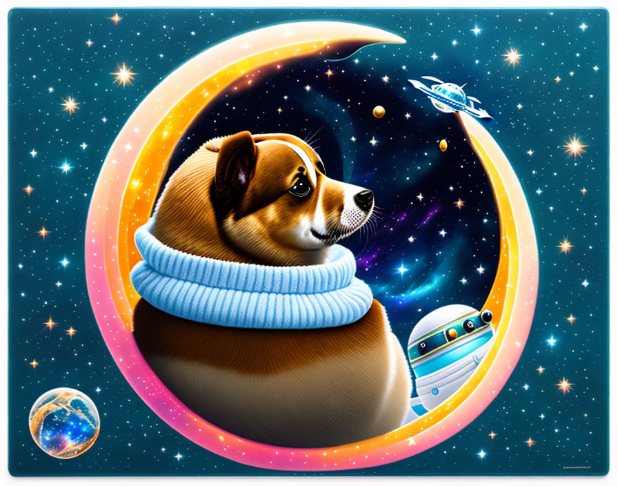 Whimsical dog in scarf on crescent moon with space backdrop