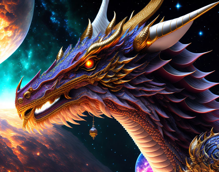 Detailed Golden Dragon Artwork in Space with Planets