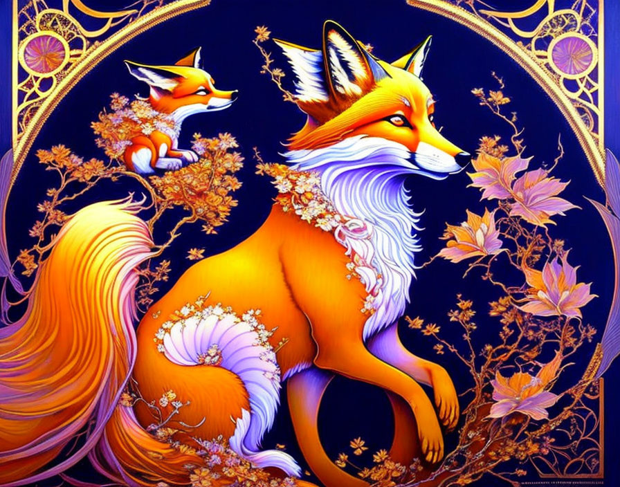 Colorful Fox Illustration with Floral Patterns on Dark Blue Background