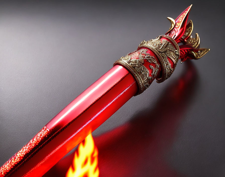 Red and Gold Ornate Spear with Fiery Tip on Dark Background