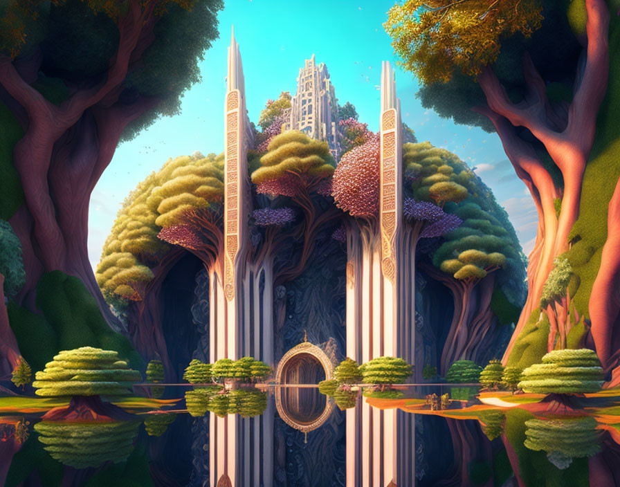 Majestic fantasy landscape with towering trees, ethereal castle, and serene water reflection