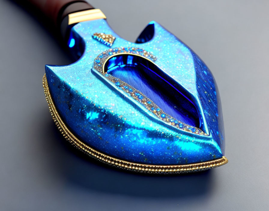 Blue Glittery Fountain Pen Nib with Gold Trimmings on Gray Background