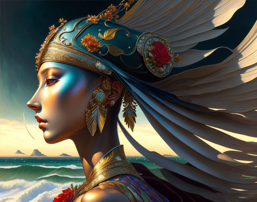 Profile view of woman with ornate headdress and jewelry against seascape with flowing wing-like hair