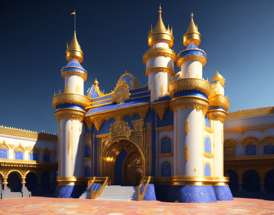 Intricate blue and gold fantasy castle with large arch entrance