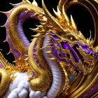 Detailed Golden Dragon Illustration with Purple Accents and Fierce Eyes