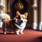 Smiling animated Corgi on red carpet in luxurious room