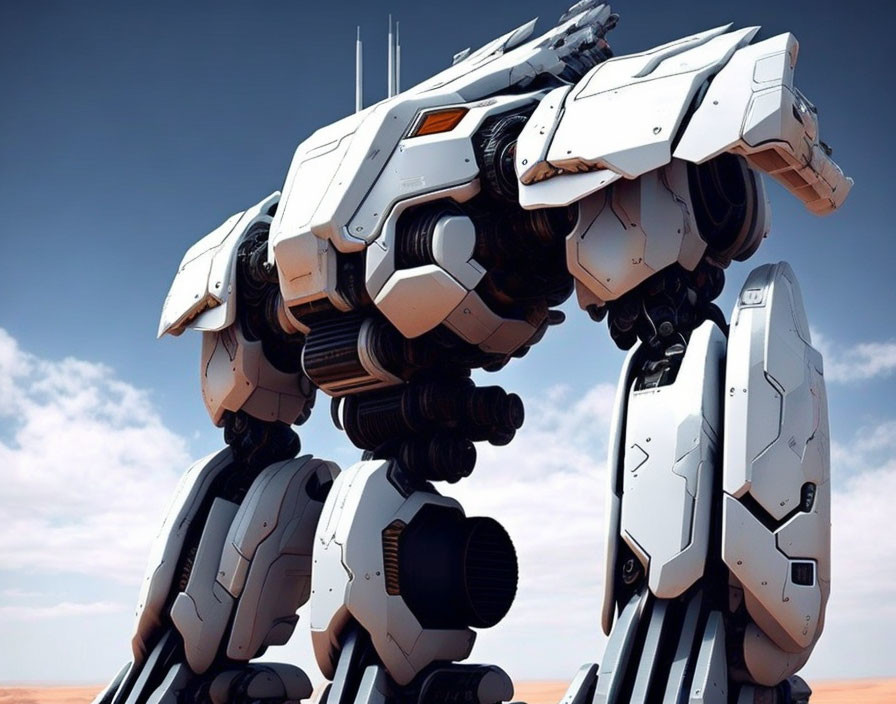 Detailed Robotic Mech on Sandy Terrain Under Clear Sky