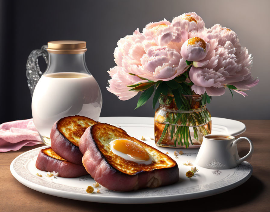 French Toast, Sunny-Side-Up Egg, Coffee, Milk, and Peonies on Table