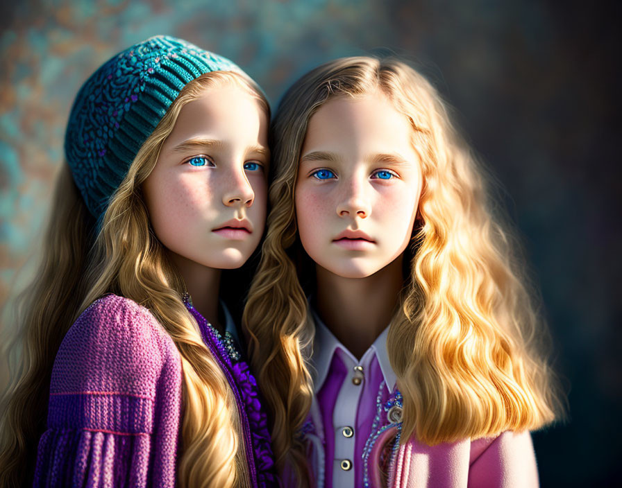 Two girls with blue eyes and blonde hair in knit cap and sweaters.