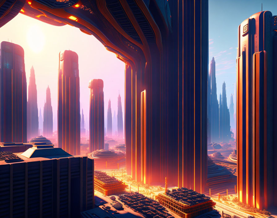 Futuristic cityscape at sunset with skyscrapers and glowing lights