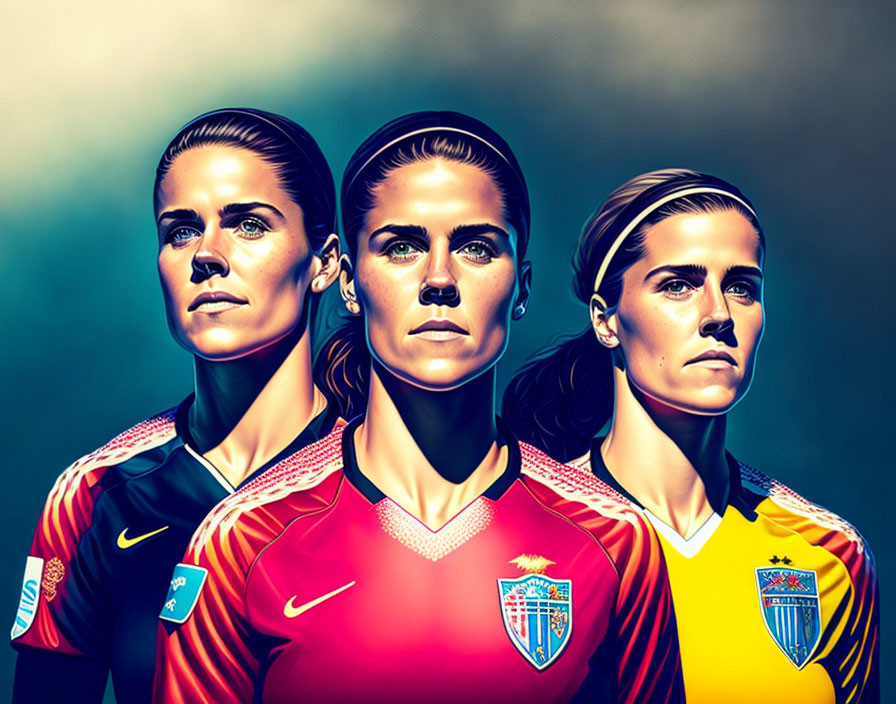 Illustrated Female Soccer Players in Colorful Jerseys on Dark Background