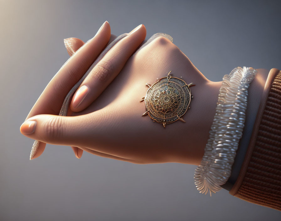 Manicured hand with golden bracelet on subtle background