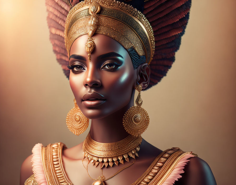 Regal woman with striking makeup and gold jewelry on warm background