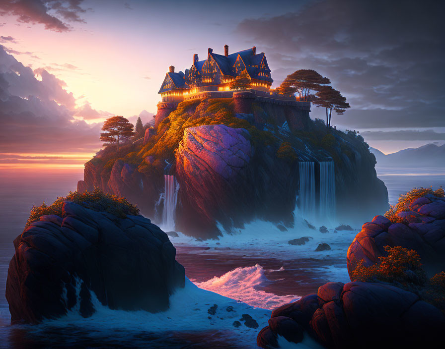 Castle on Cliffside Waterfall at Sunset Over Ocean