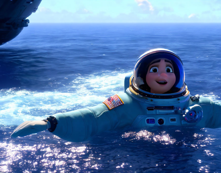 Female astronaut in space suit smiling while floating in zero gravity above Earth's ocean