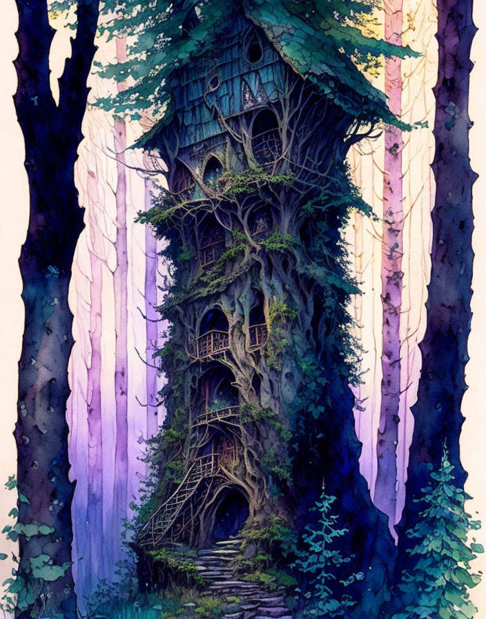 Mystical treehouse in forest with twisting vines and purple light