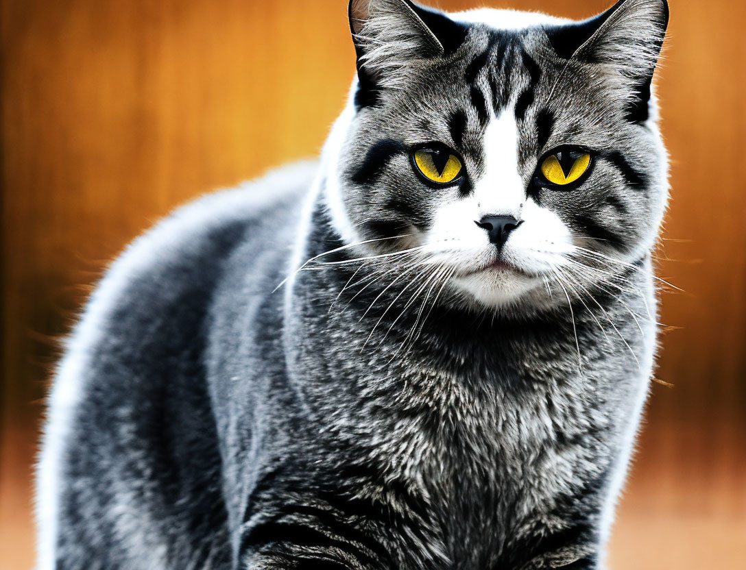 Gray Striped Cat with Intense Yellow Eyes on Blurred Wooden Background