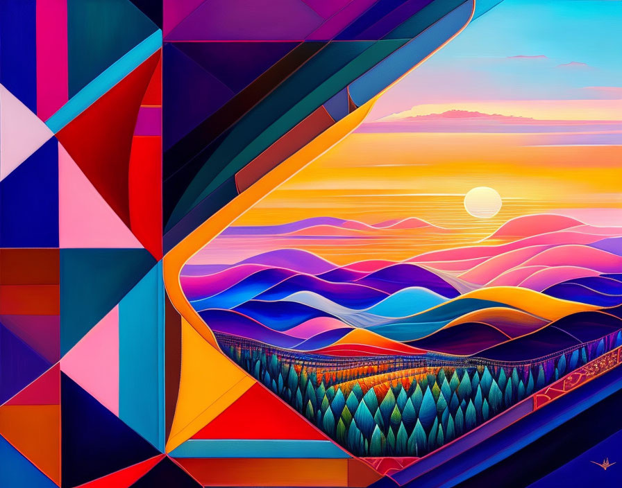 Colorful Abstract Geometric and Landscape Art with Angular Shapes and Sunset Sky