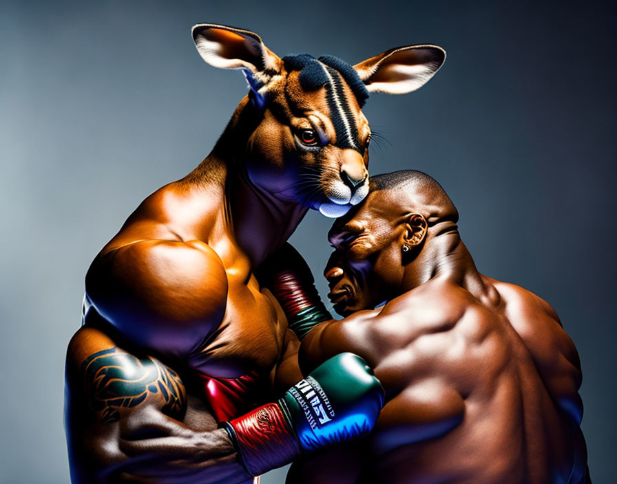 Muscular kangaroo boxing a human male in surreal image