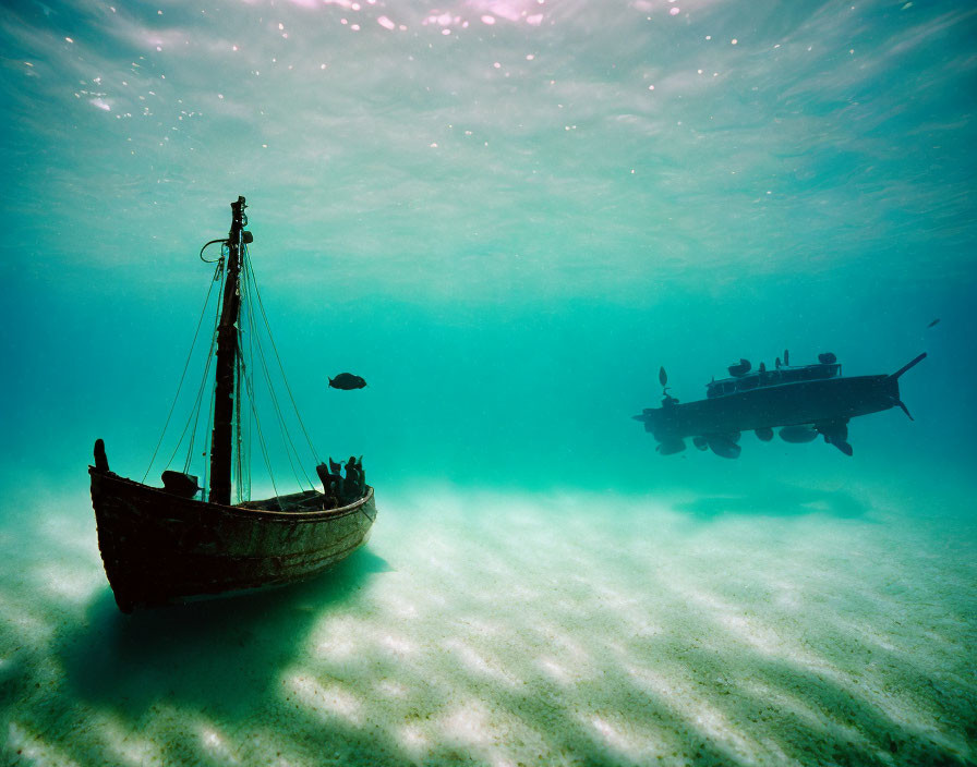 Sunken ships on seabed with marine life and rays of light