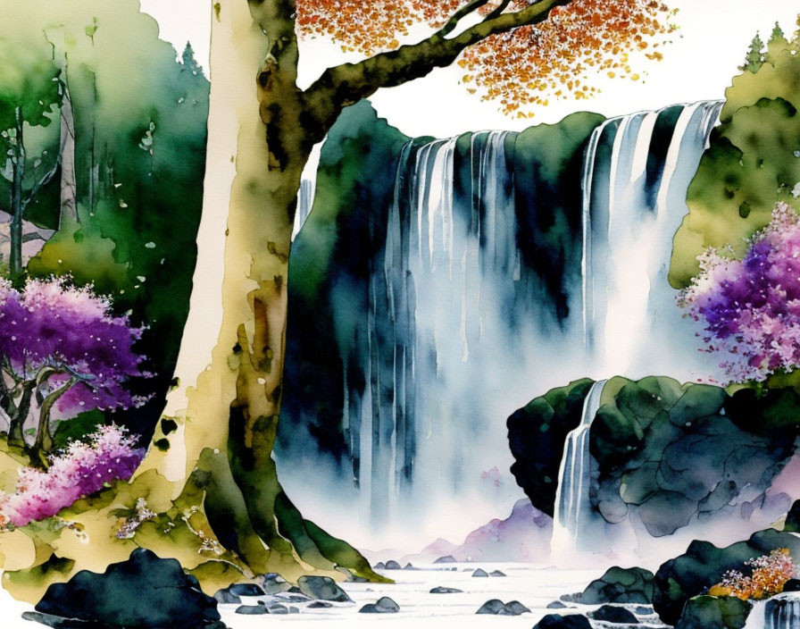 Serene waterfall painting with colorful trees in lush landscape