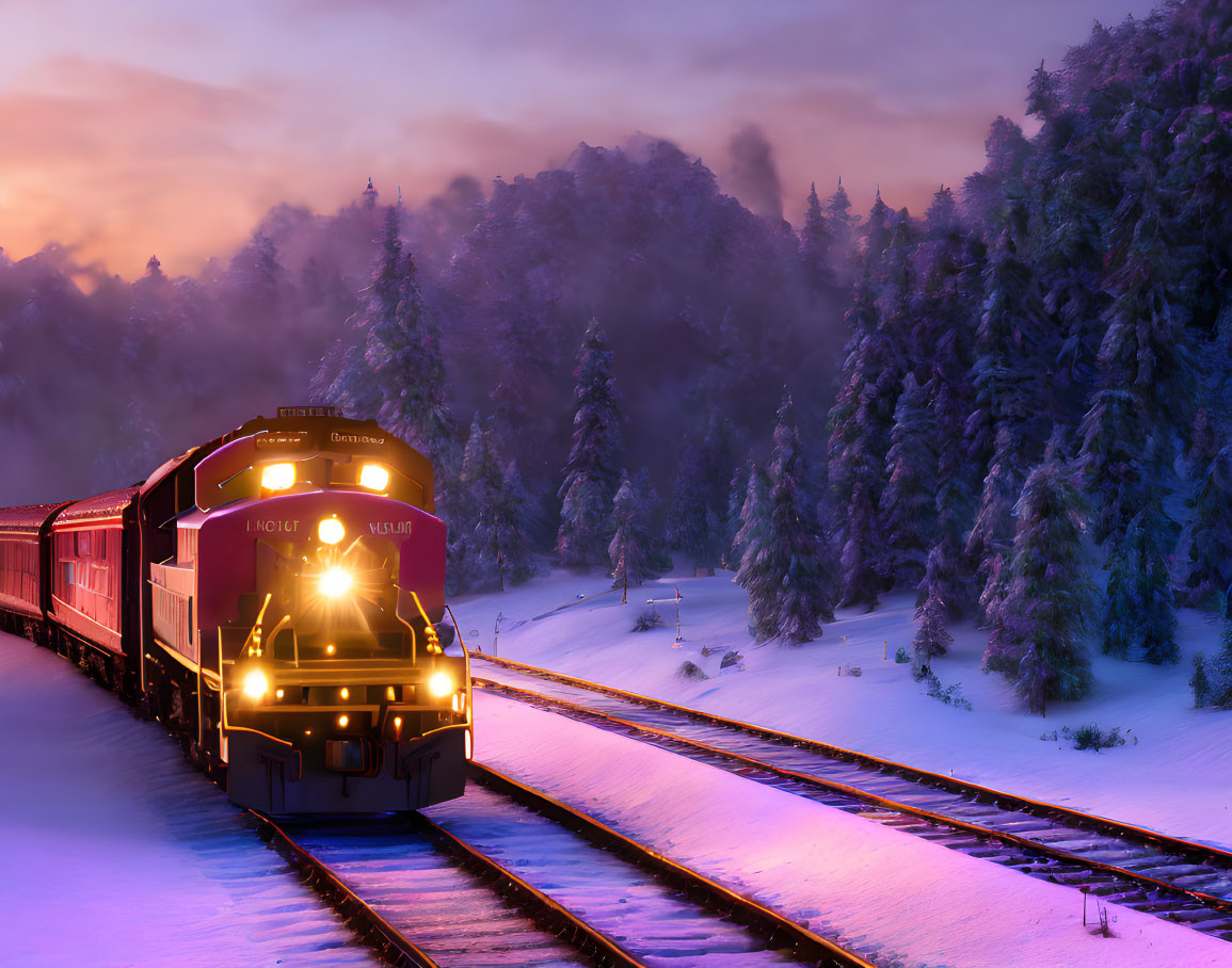 Snow-covered train travels through wintry forest at dusk