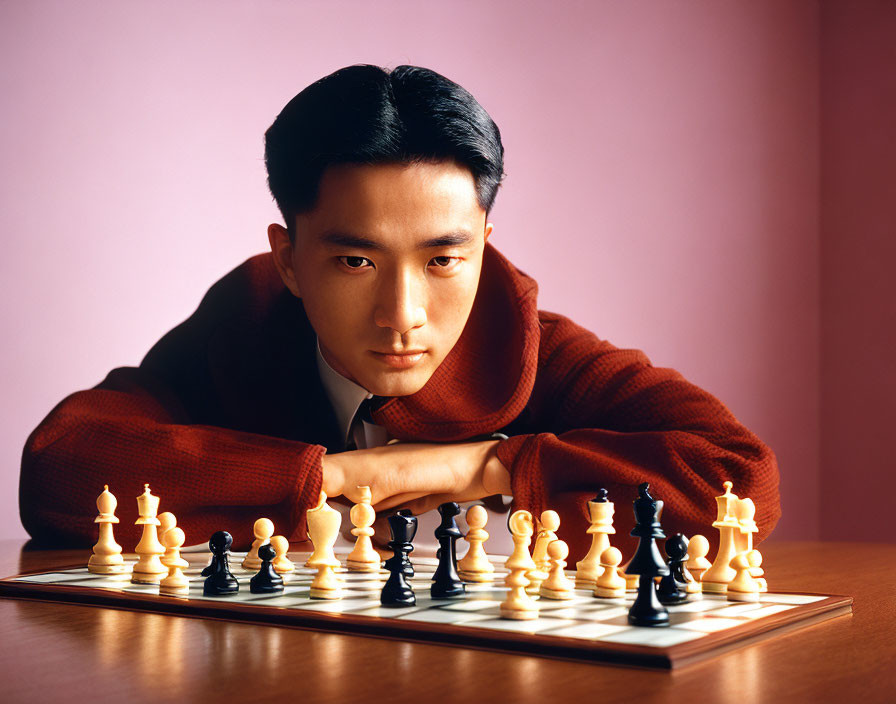 Focused individual studying chessboard in intense contemplation