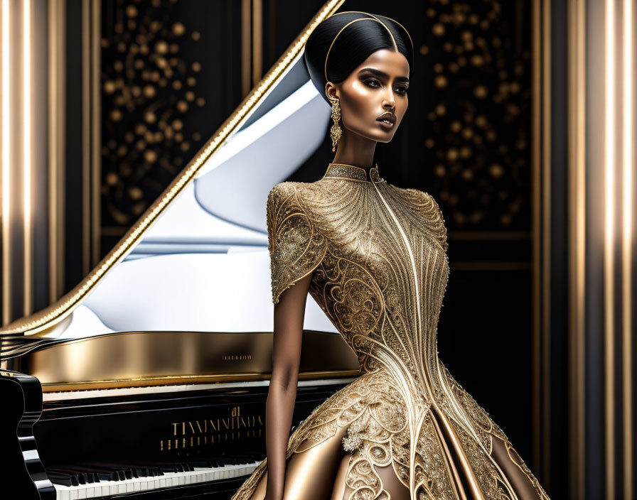 Luxurious gold dress model poses near grand piano in opulent room