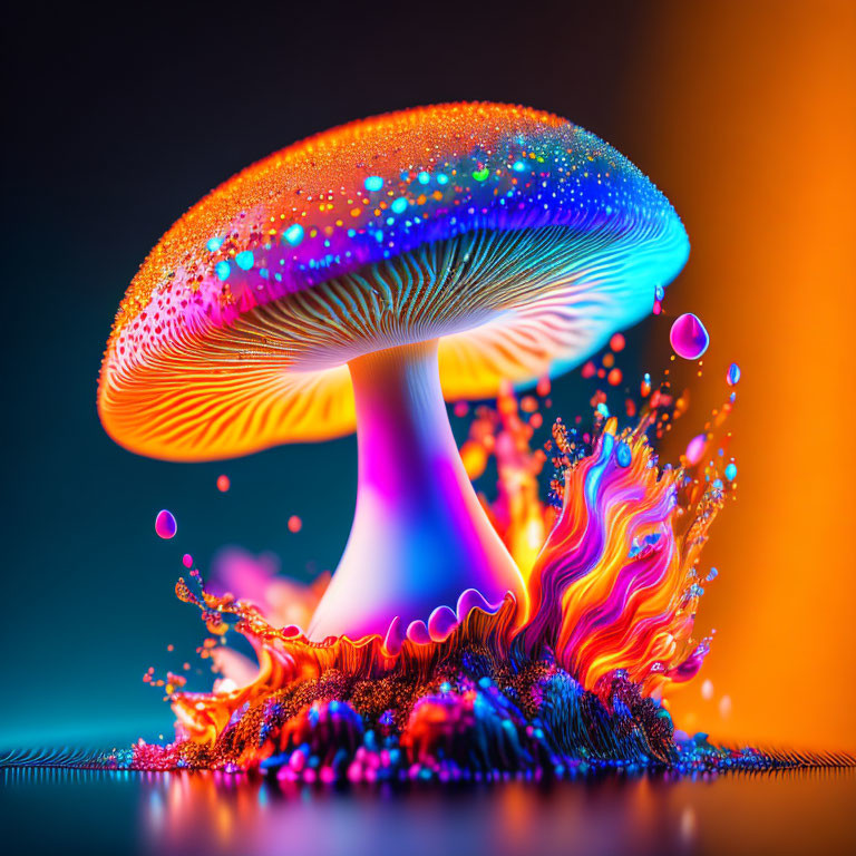 Colorful surreal mushroom illustration with glowing cap and floating orbs