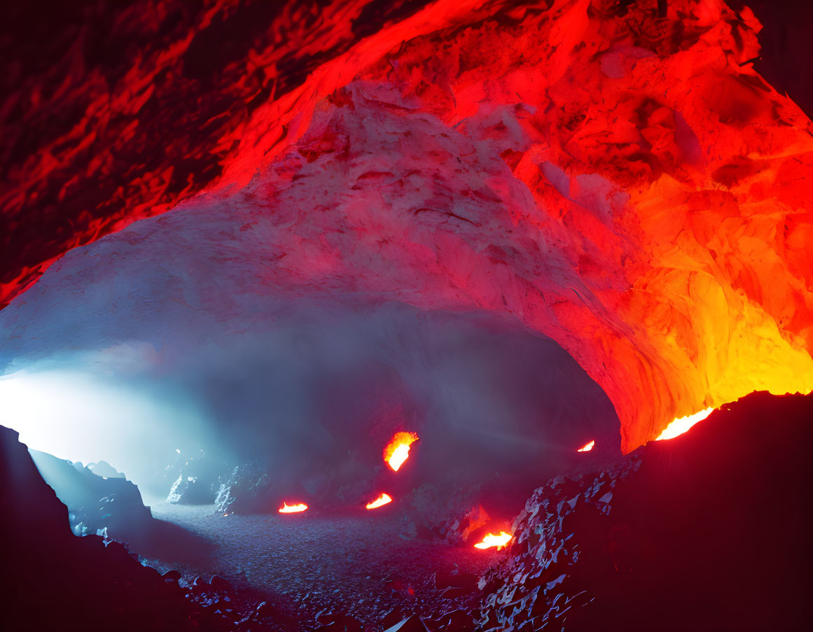 Vibrant red and orange glow in illuminated ice cave from volcanic activity