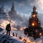 Snow-covered landscape with towering mechanized structure and ancient illuminated spires.