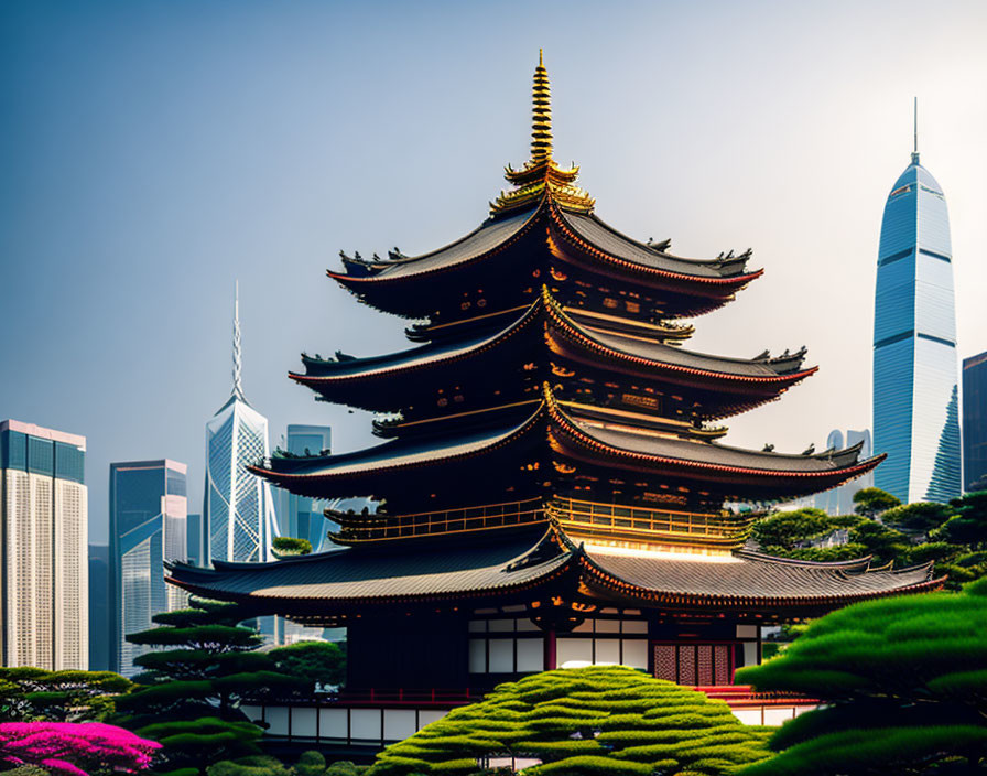 Traditional multi-tiered pagoda with golden spire amidst modern skyscrapers and lush greenery.