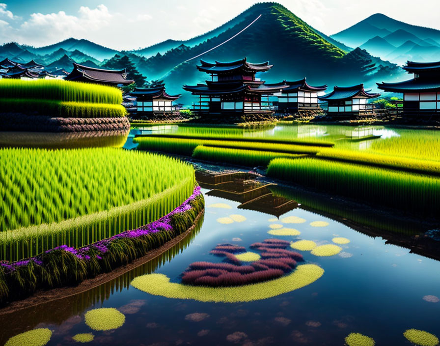 Scenic terraced rice fields with Asian buildings and mountains reflected in water