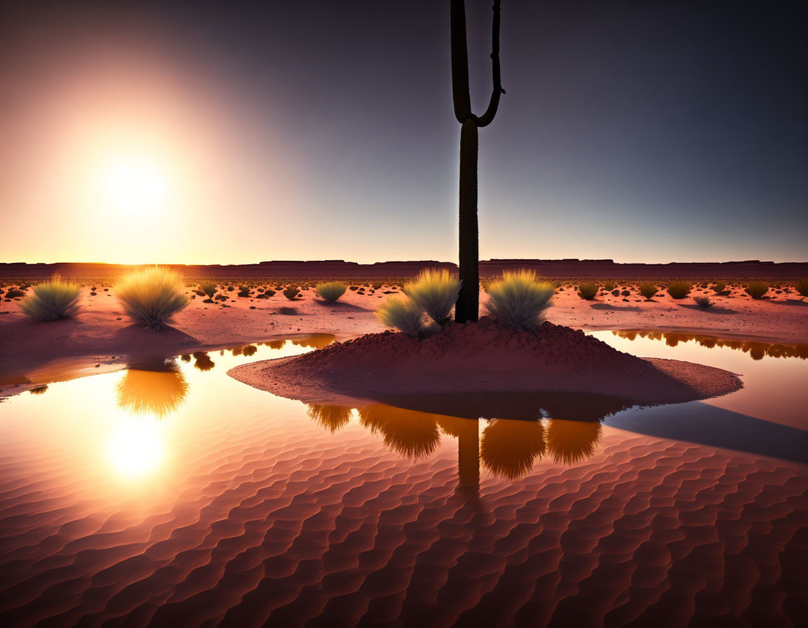 Tranquil desert sunset with rippled sand, water puddle, sparse vegetation, and old post