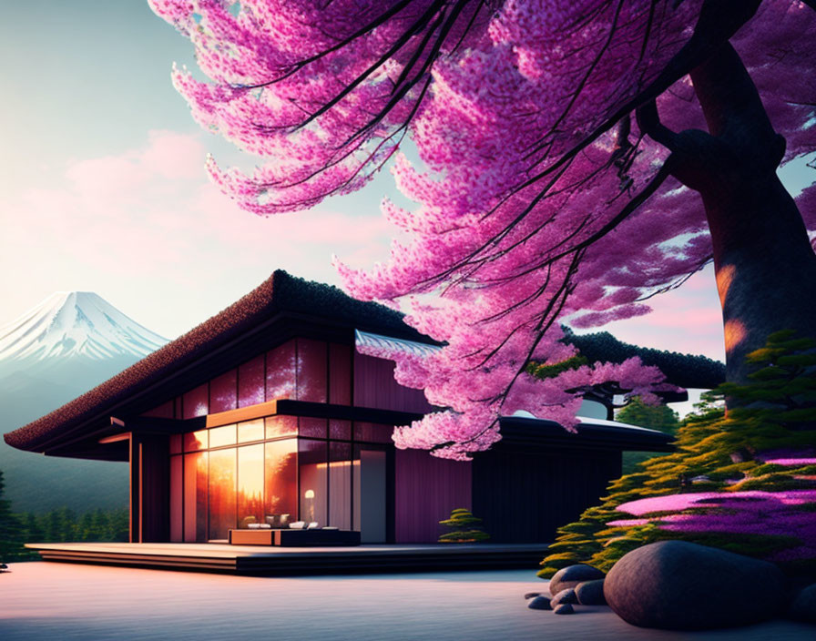 Traditional Japanese house with dark facade, cherry blossoms, and Mount Fuji at sunset