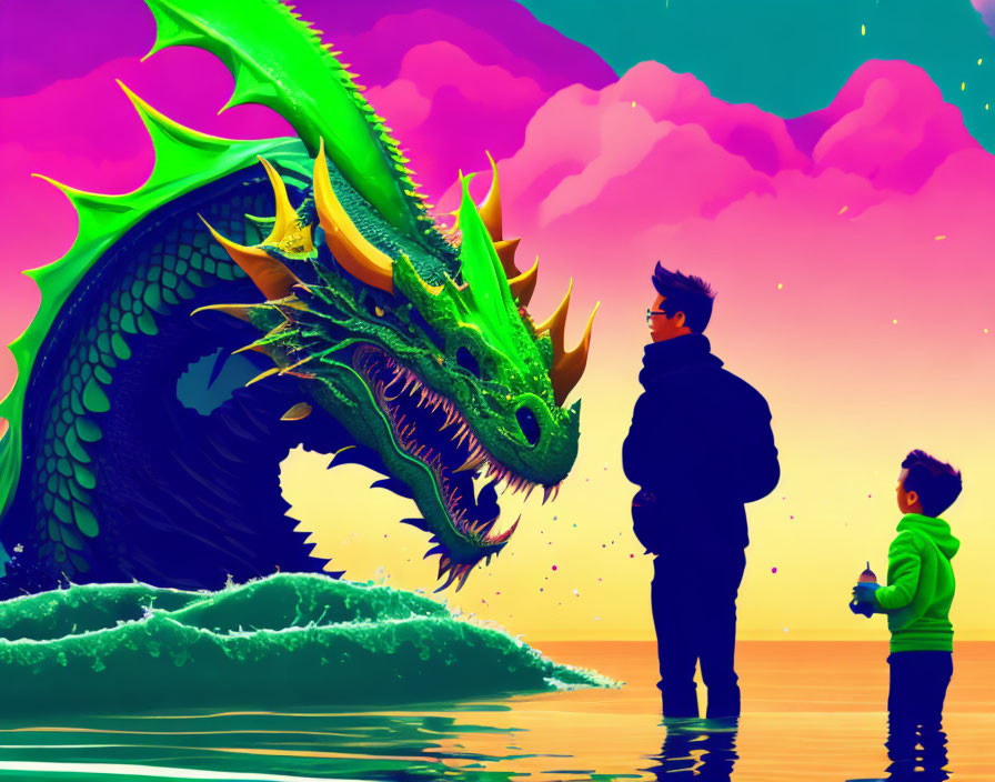 Colorful artwork: Person, child, and dragon by water under surreal sky