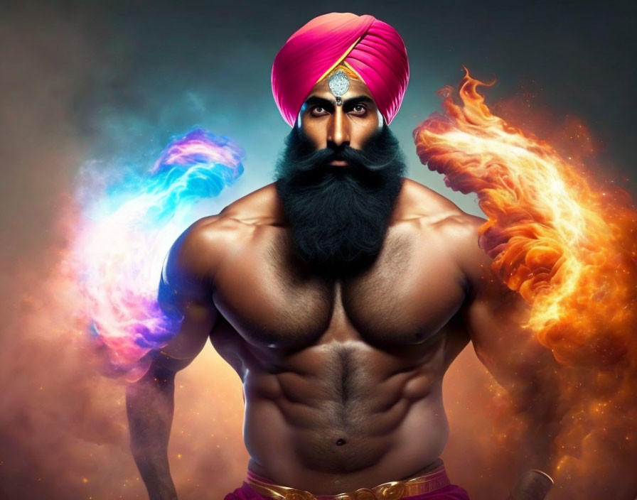 Muscular Man with Turban and Beard Emitting Flames on Dark Background