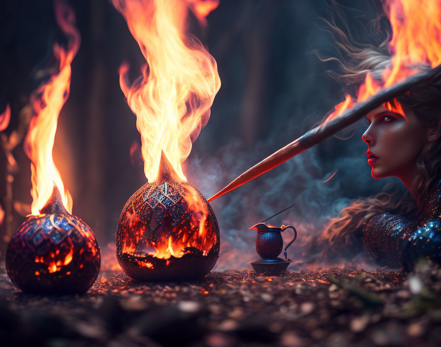 Woman with fire, orbs, cauldron in mystical forest scene