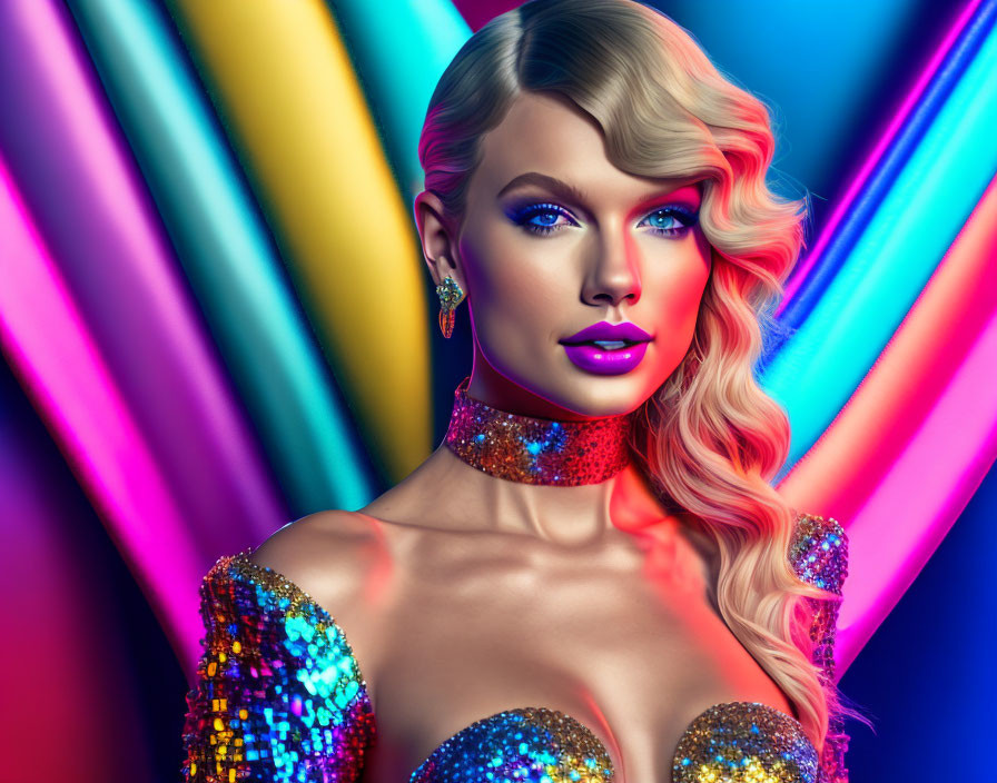 Digital artwork: Woman in glamorous makeup & sequined attire on neon-striped background