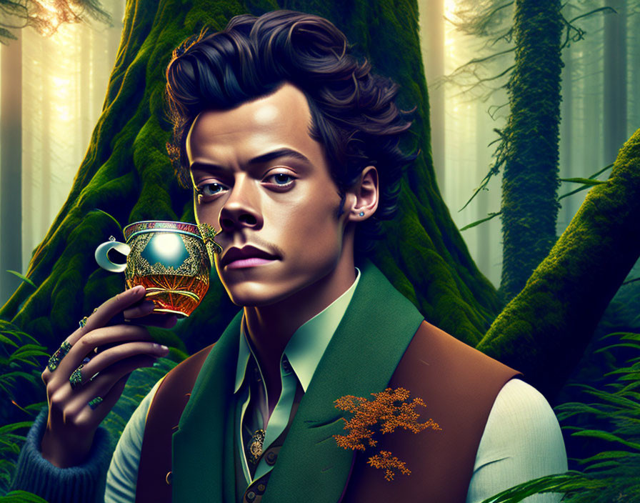 Stylish Man with Coiffed Hair Holding Teacup in Green Jacket